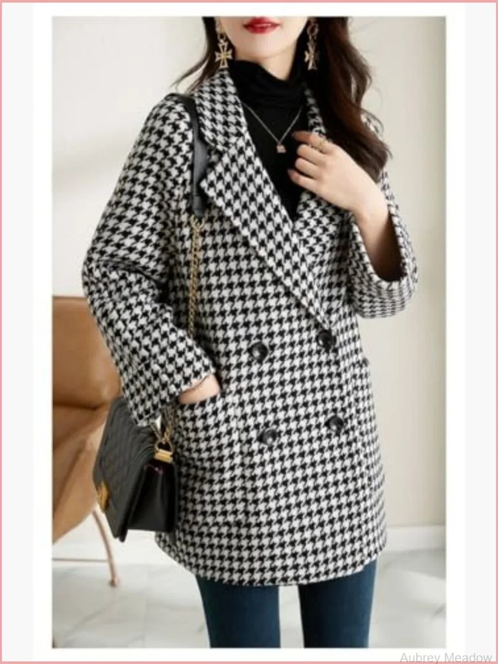 Notched Lapel Pea Coat Double Breasted Blazer Houndstooth Wool Blend Overcoat